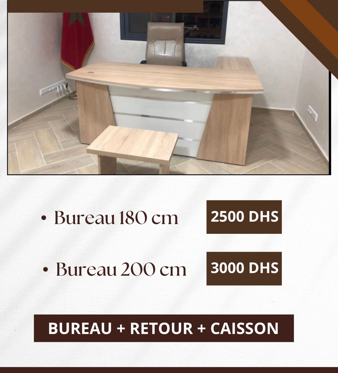 Bureau + Retour + Caisson Chêne Clair